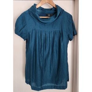 a.n.a Teal Cowl Neck Babydoll Blouse L Peacock Blue Silky Career Top